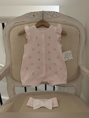 🩰 12 Mth Baby Ballet Pink Floral Embroidered 2 Piece Romper Set 100% Cotton NWT